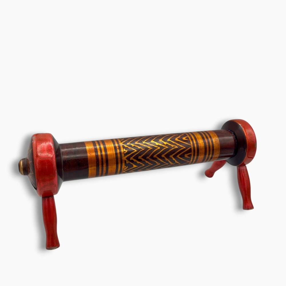 Vintage Handcrafted Lacquered Wood Foot Stool Rolling Pin Red Gold